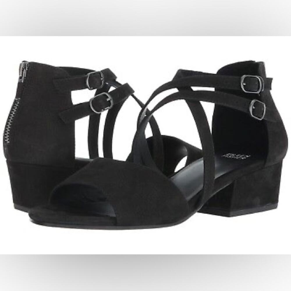 Eileen Fisher Kyra Black Nubuck Leather Strappy Buckle Open Toe Sandals Size 7.5